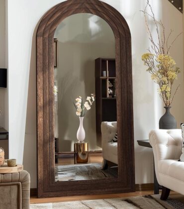 ZHUNFA Arched Full Length Mirror with Solid Wood Frame, 71x32 Farmhouse Wall Mounted Floor Mirror with Stand, Vertical Hanging, Leaning Standing for Bedroom, Living Room, Brown