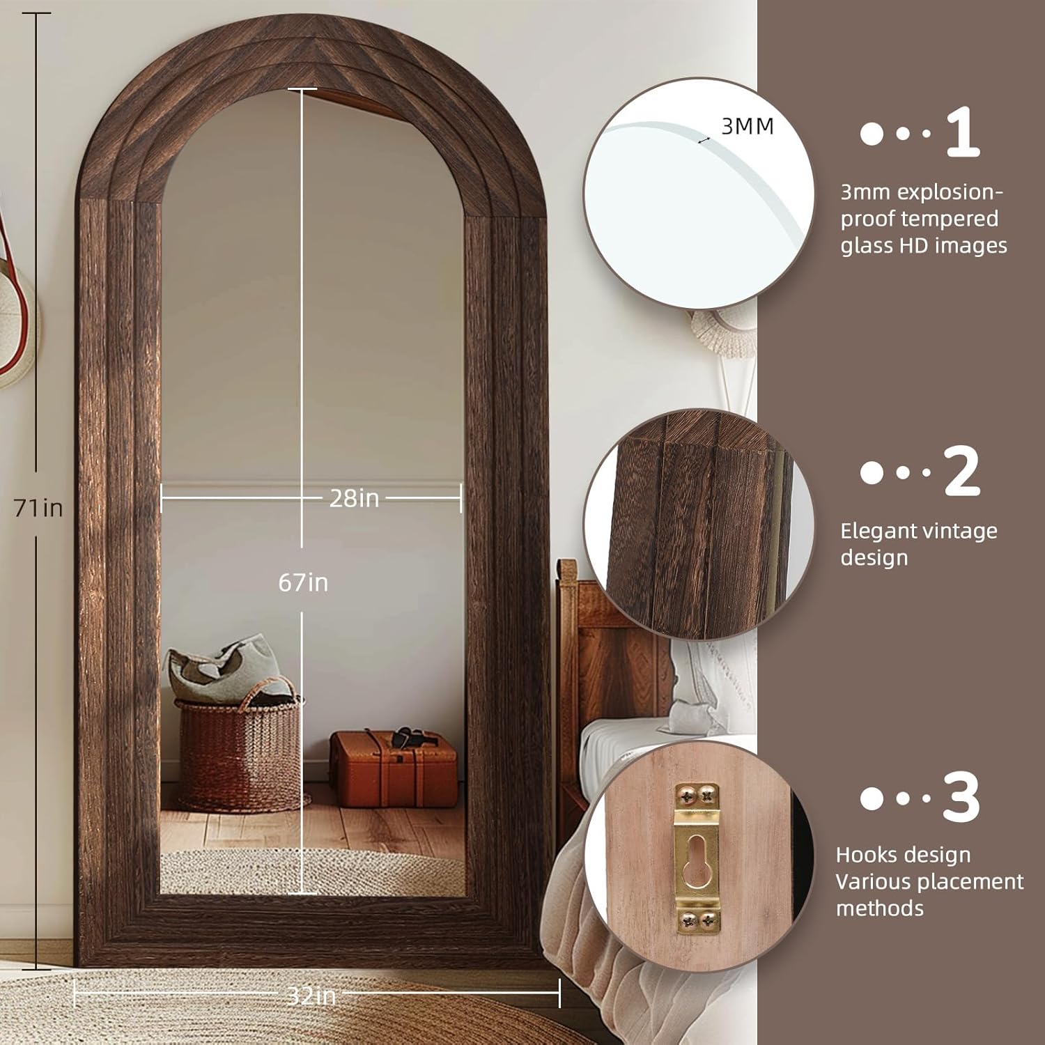 ZHUNFA Arched Full Length Mirror with Solid Wood Frame, 71x32 Farmhouse Wall Mounted Floor Mirror with Stand, Vertical Hanging, Leaning Standing for Bedroom, Living Room, Brown - Image 2