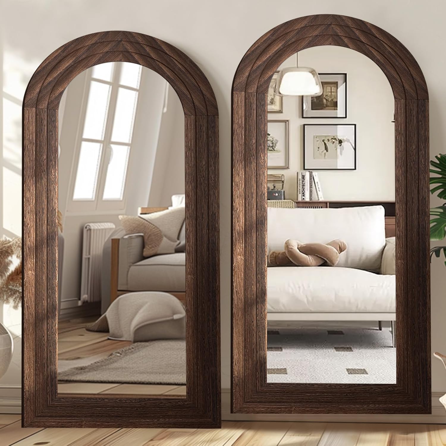 ZHUNFA Arched Full Length Mirror with Solid Wood Frame, 71x32 Farmhouse Wall Mounted Floor Mirror with Stand, Vertical Hanging, Leaning Standing for Bedroom, Living Room, Brown - Image 6