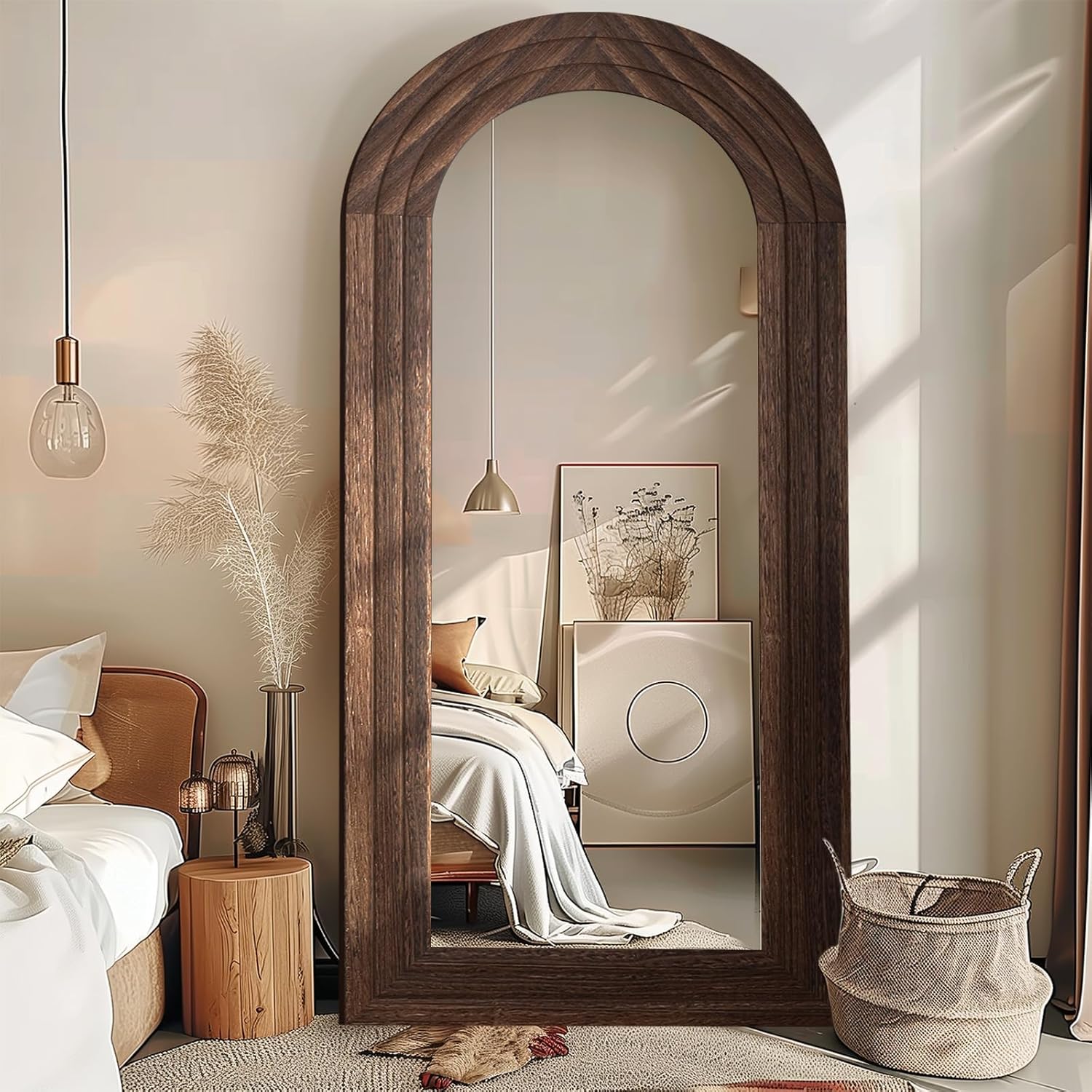 ZHUNFA Arched Full Length Mirror with Solid Wood Frame, 71x32 Farmhouse Wall Mounted Floor Mirror with Stand, Vertical Hanging, Leaning Standing for Bedroom, Living Room, Brown - Image 7