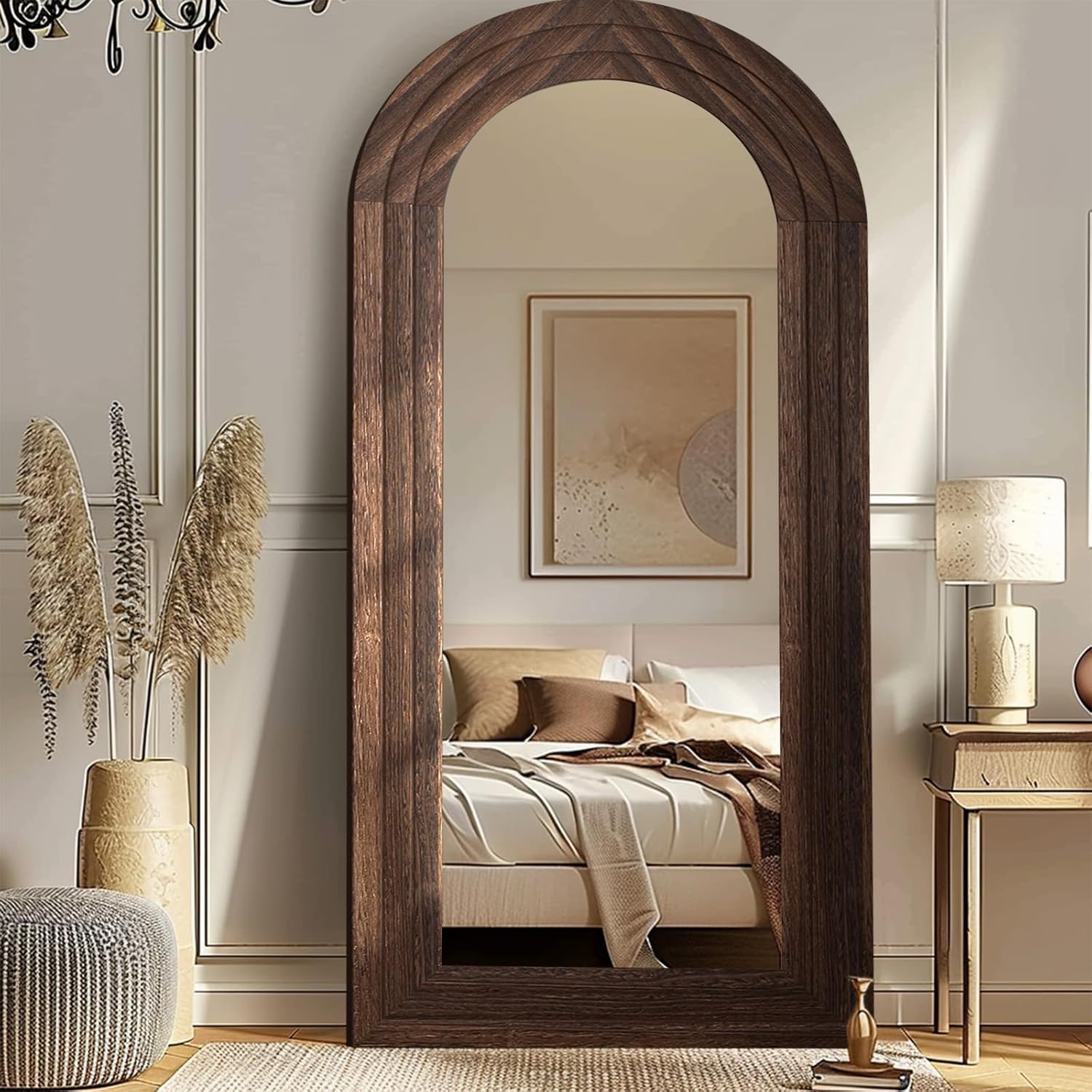 ZHUNFA Arched Full Length Mirror with Solid Wood Frame, 71x32 Farmhouse Wall Mounted Floor Mirror with Stand, Vertical Hanging, Leaning Standing for Bedroom, Living Room, Brown - Image 8