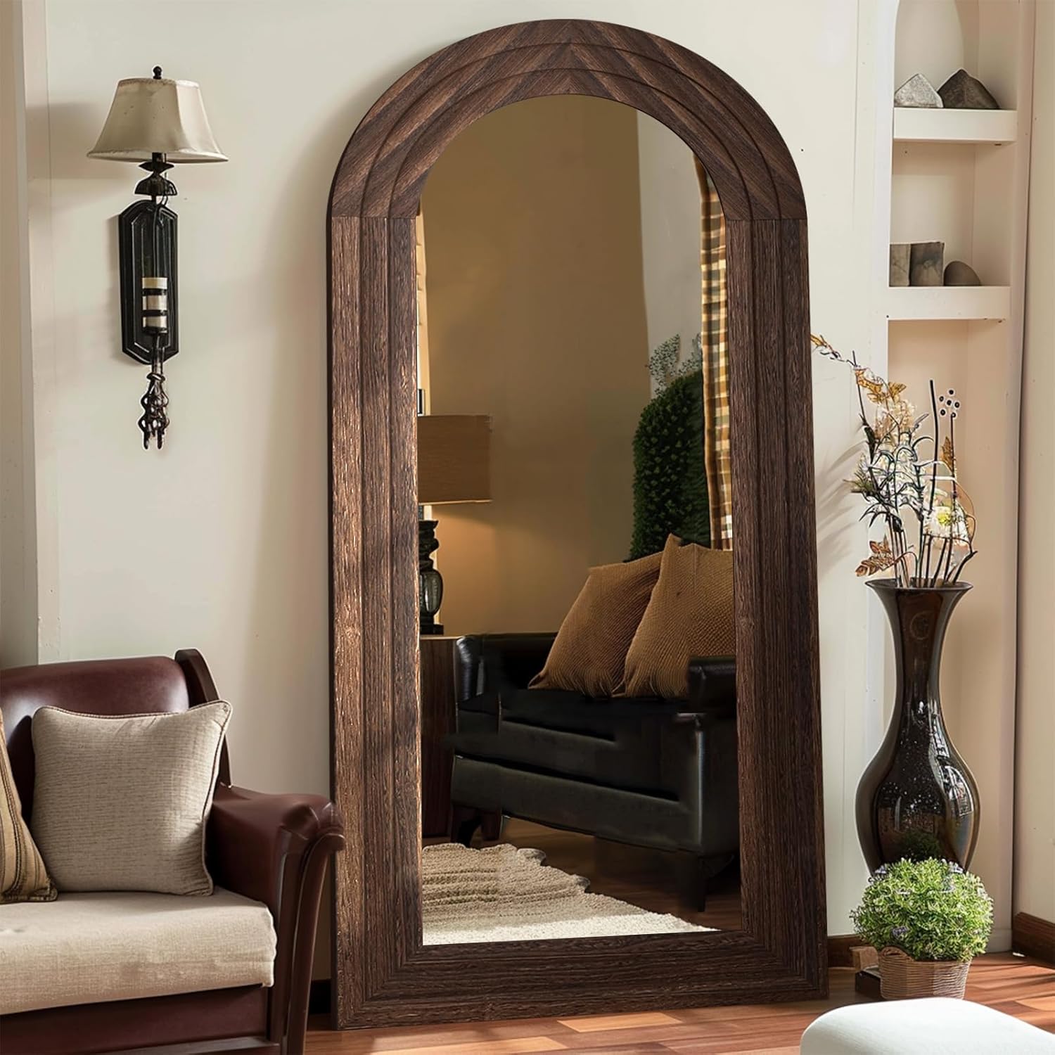 ZHUNFA Arched Full Length Mirror with Solid Wood Frame, 71x32 Farmhouse Wall Mounted Floor Mirror with Stand, Vertical Hanging, Leaning Standing for Bedroom, Living Room, Brown - Image 9