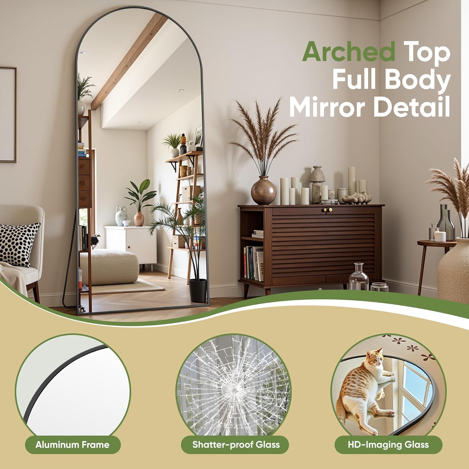 Full Length Mirror, 69"x28" Arched Full Body Mirror, Floor Mirrors with Stand, Body Mirrors Standing Hanging Leaning Against Wall,Aluminum Frame Mirrors for Bedroom Cloakroom,Living Room,Black - Image 6