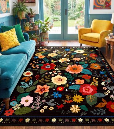 RELEANY Floral 5x7 Area Rugs Washable Print Boho Cute Carpet Non Slip Flower Low Pile for Living Room Bedroom Kitchen Office Farmhouse-Black