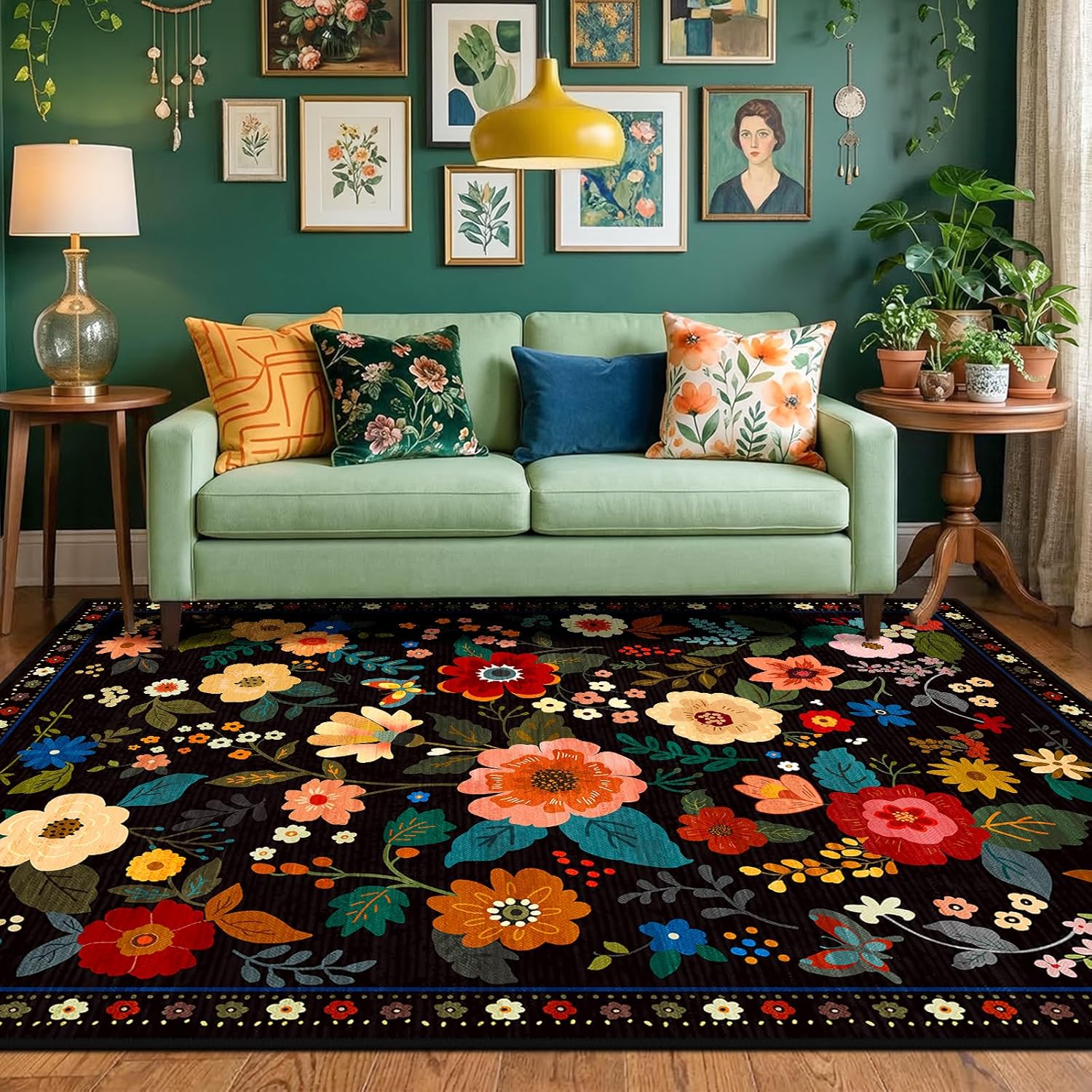 RELEANY Floral 5x7 Area Rugs Washable Print Boho Cute Carpet Non Slip Flower Low Pile for Living Room Bedroom Kitchen Office Farmhouse-Black - Image 2