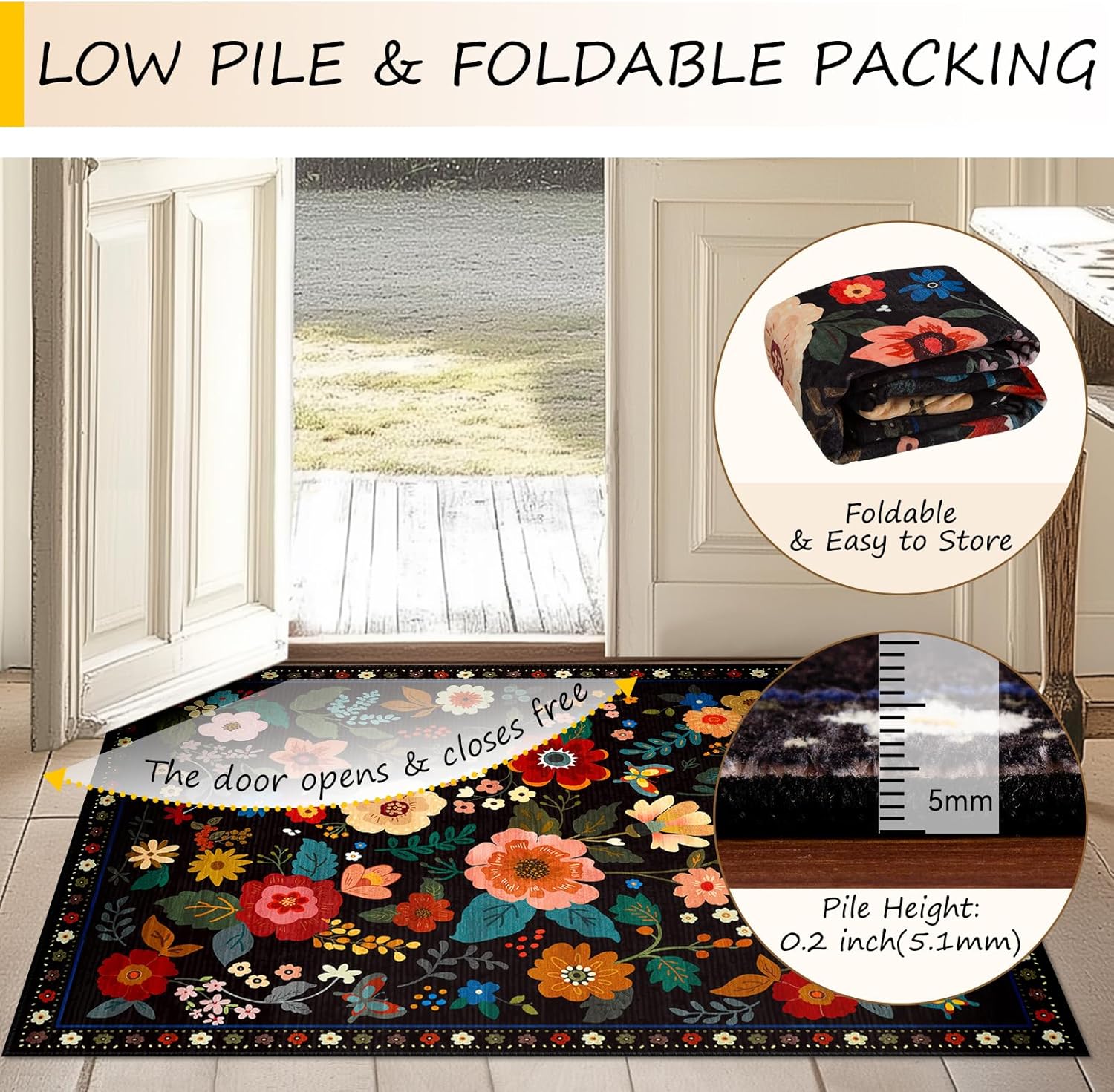 RELEANY Floral 5x7 Area Rugs Washable Print Boho Cute Carpet Non Slip Flower Low Pile for Living Room Bedroom Kitchen Office Farmhouse-Black - Image 4
