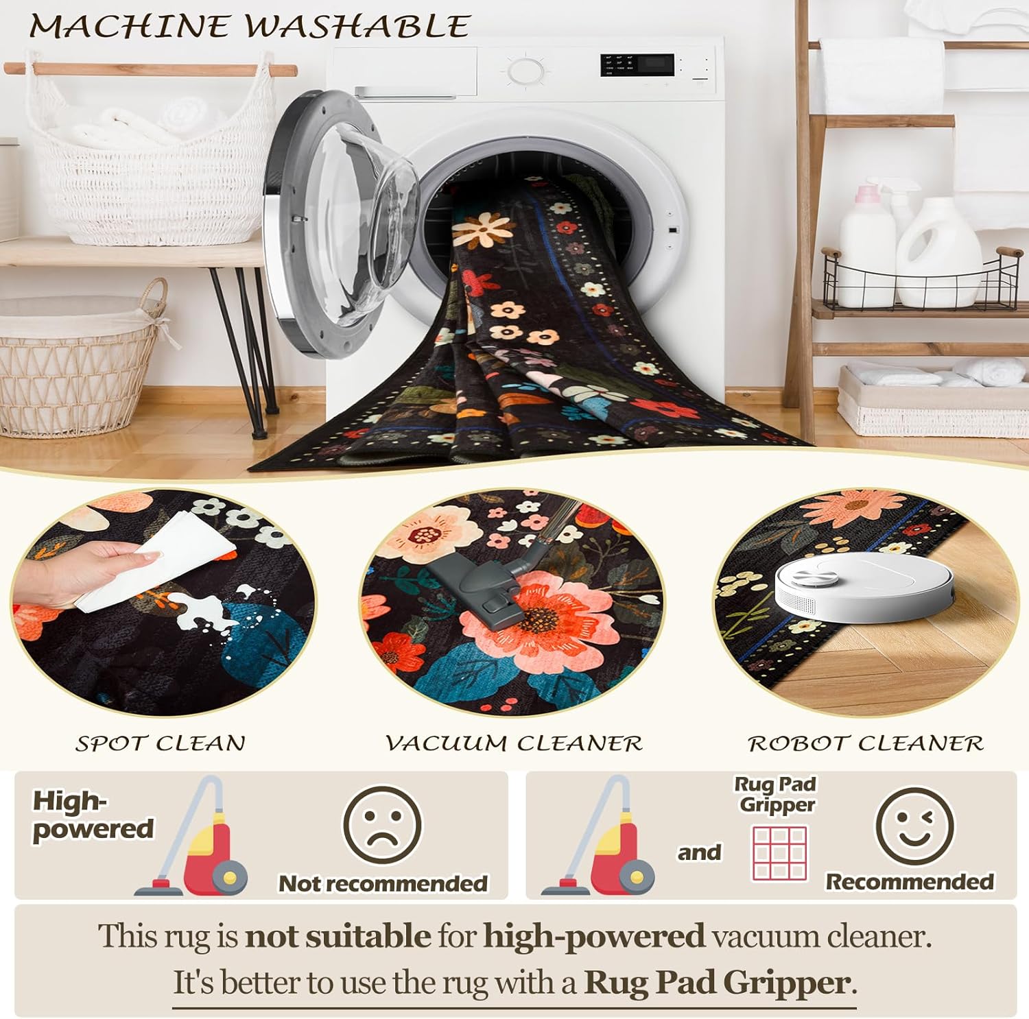 RELEANY Floral 5x7 Area Rugs Washable Print Boho Cute Carpet Non Slip Flower Low Pile for Living Room Bedroom Kitchen Office Farmhouse-Black - Image 5