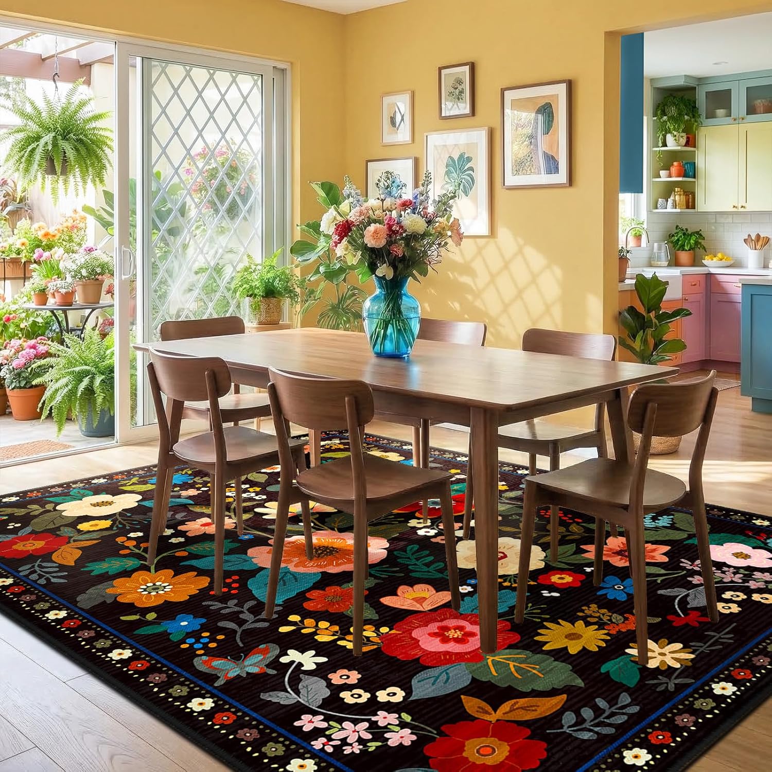 RELEANY Floral 5x7 Area Rugs Washable Print Boho Cute Carpet Non Slip Flower Low Pile for Living Room Bedroom Kitchen Office Farmhouse-Black - Image 6