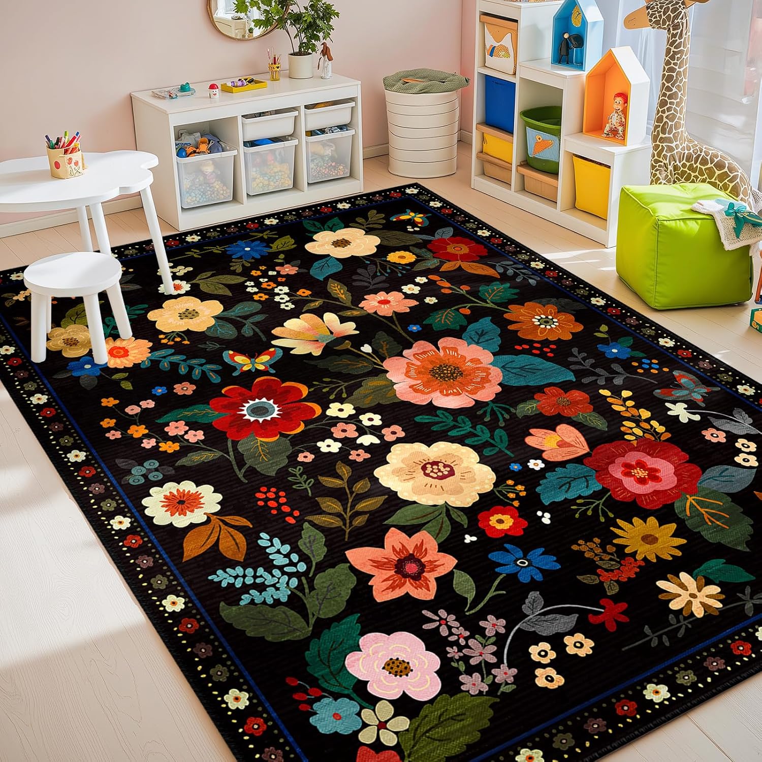 RELEANY Floral 5x7 Area Rugs Washable Print Boho Cute Carpet Non Slip Flower Low Pile for Living Room Bedroom Kitchen Office Farmhouse-Black - Image 9