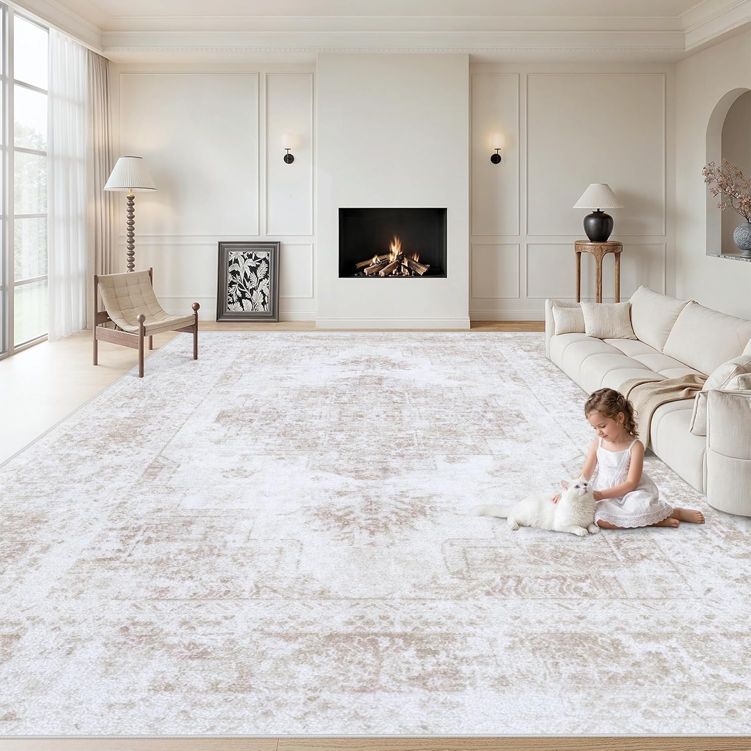 XLUEZ Area Rug 8x10 Living Room Rug, Machine Washable Vintage Distressed Medallion Rug Non-Slip Soft Low Pile Large Indoor Rugs for Bedroom Dining Room Office Children's Room (Beige,8'x10')