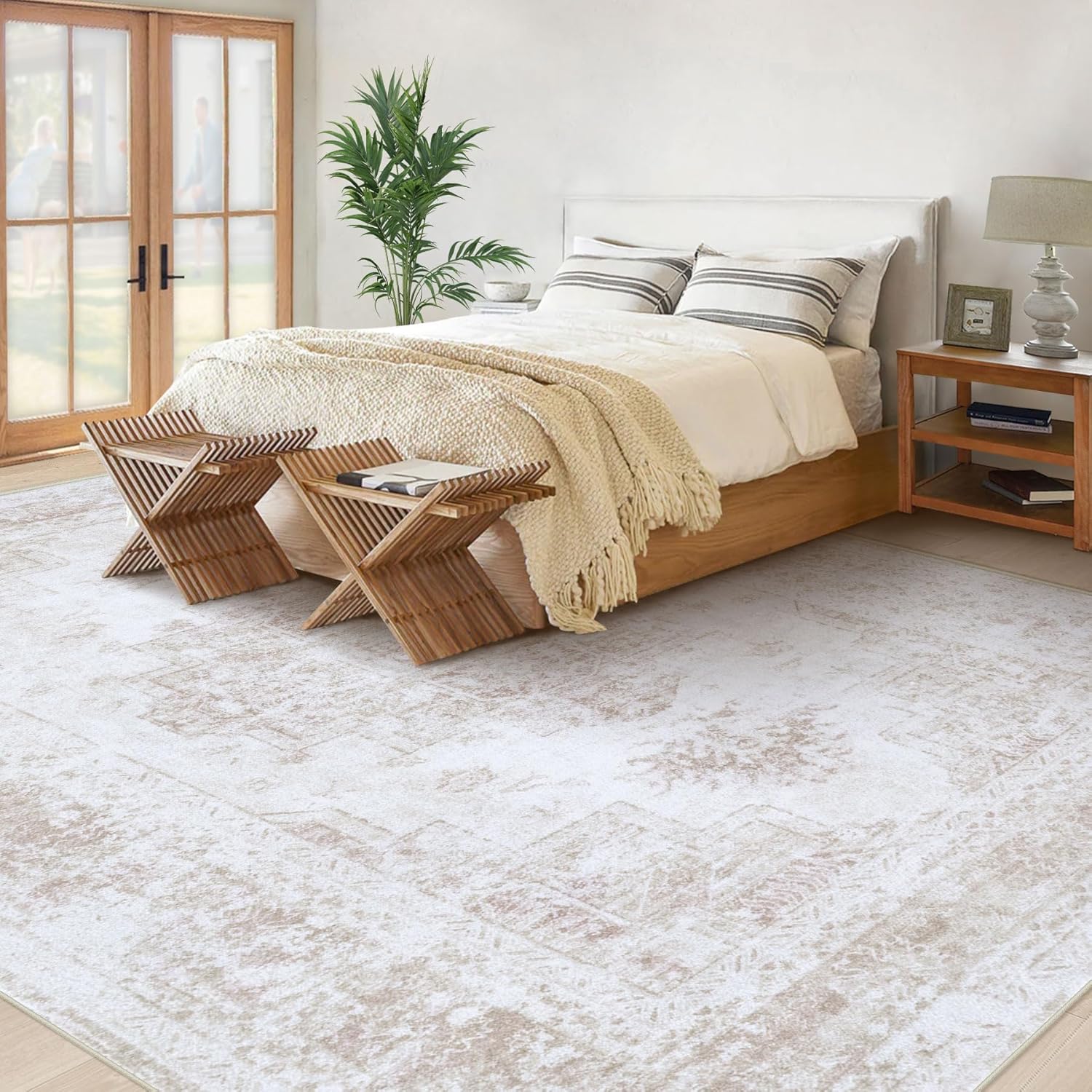 XLUEZ Area Rug 8x10 Living Room Rug, Machine Washable Vintage Distressed Medallion Rug Non-Slip Soft Low Pile Large Indoor Rugs for Bedroom Dining Room Office Children's Room (Beige,8'x10') - Image 2