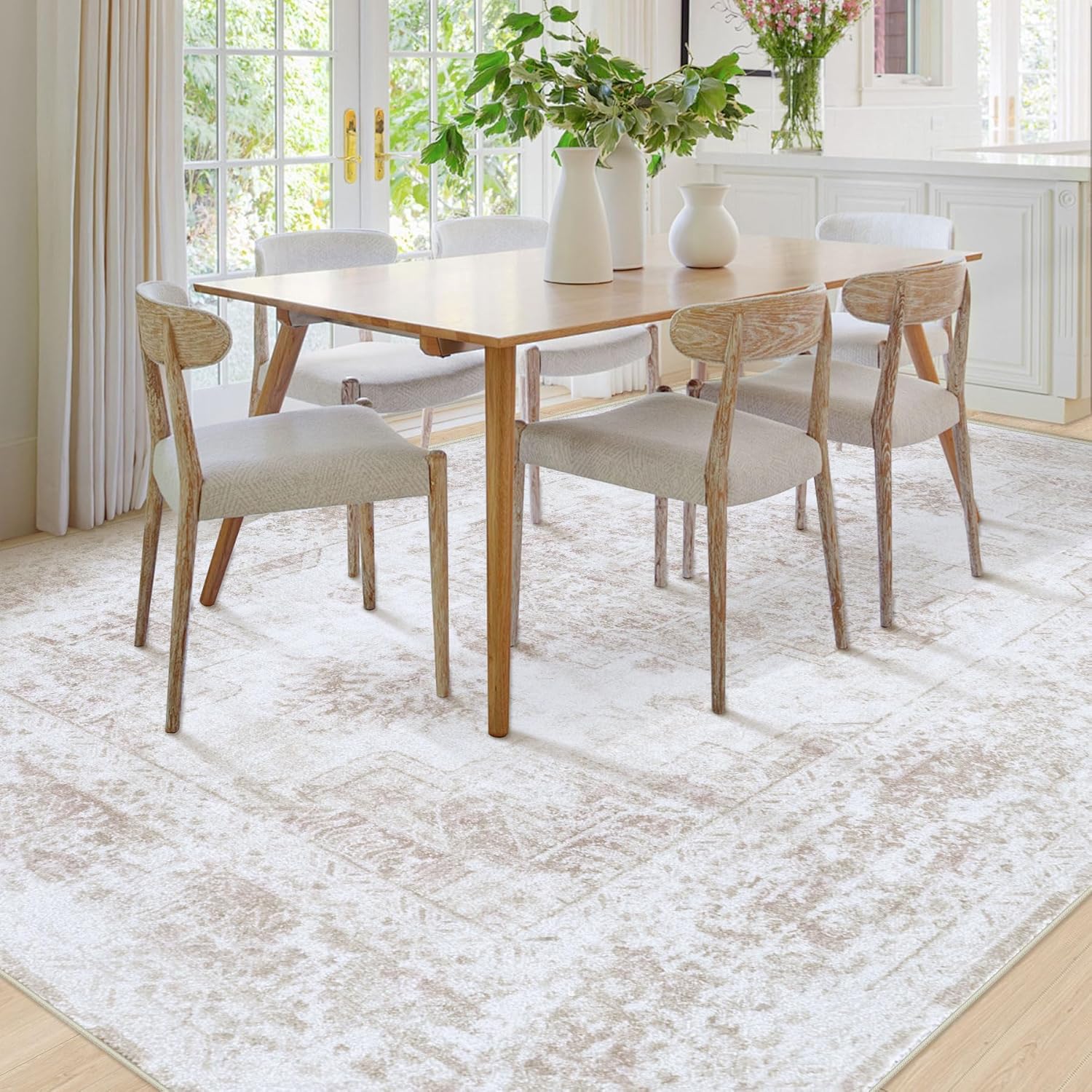 XLUEZ Area Rug 8x10 Living Room Rug, Machine Washable Vintage Distressed Medallion Rug Non-Slip Soft Low Pile Large Indoor Rugs for Bedroom Dining Room Office Children's Room (Beige,8'x10') - Image 3