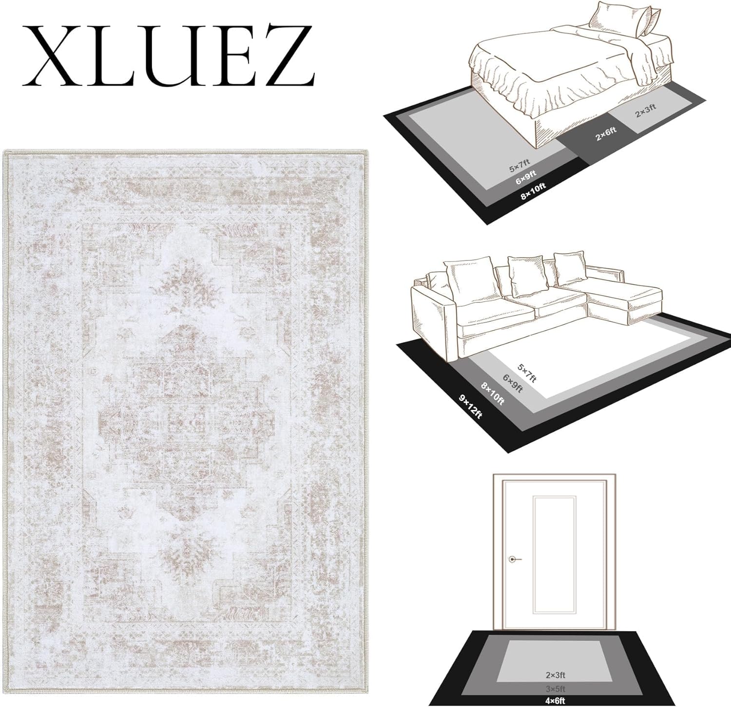 XLUEZ Area Rug 8x10 Living Room Rug, Machine Washable Vintage Distressed Medallion Rug Non-Slip Soft Low Pile Large Indoor Rugs for Bedroom Dining Room Office Children's Room (Beige,8'x10') - Image 8