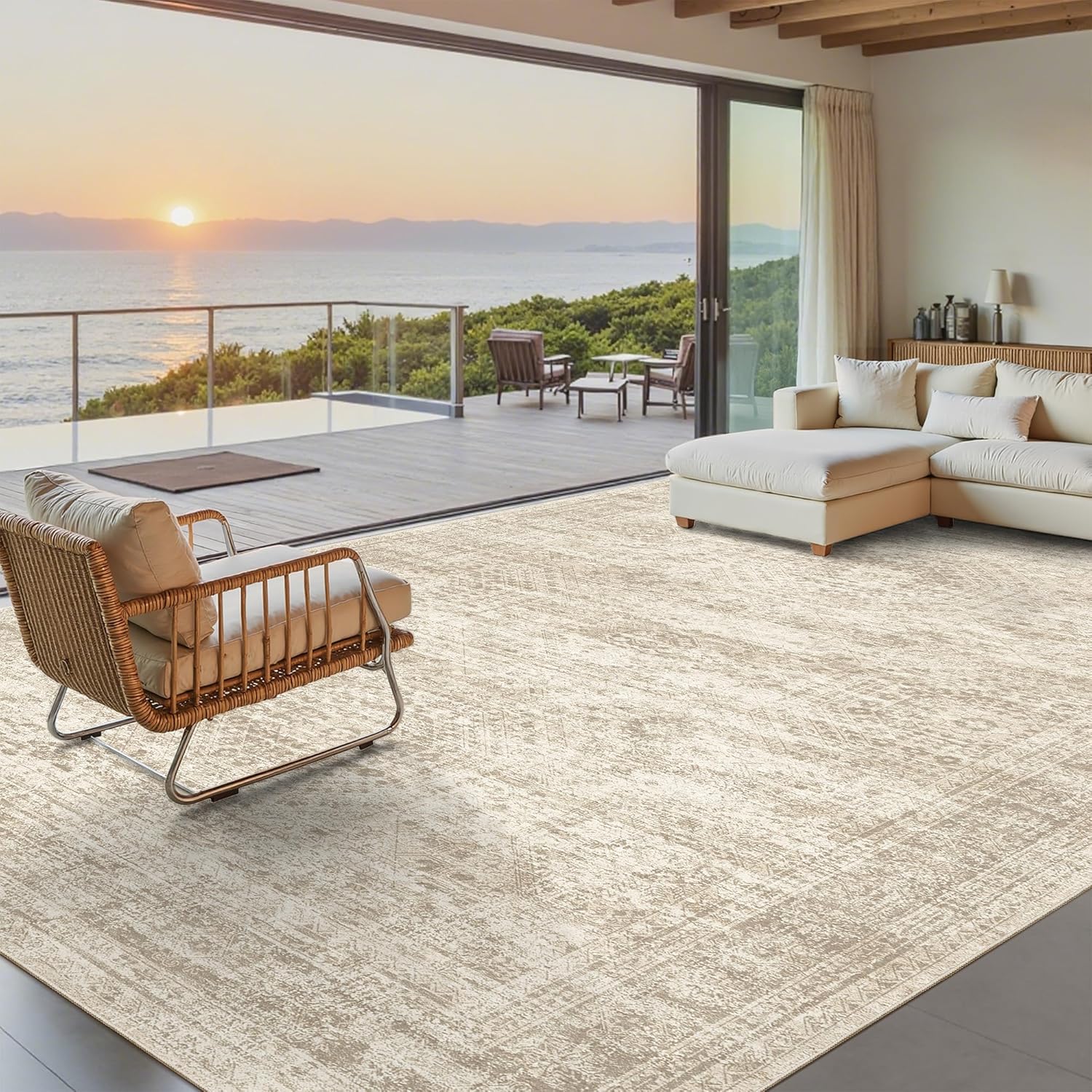 Soalmost Washable Area Rug 8x10, Large Soft Rugs for Living Room Vintage Beige Carpet 8x10 Area Rugs for Bedroom Dining Room Non-Slip Stain Resistant Under Table Rug - Image 2