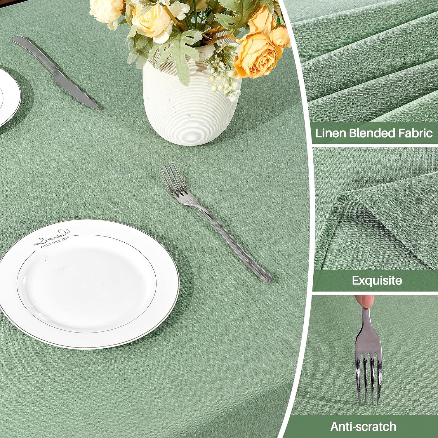 IVAPUPU Textured Linen Table Cloth for Rectangle Tables - Sage Green Tablecloths Rectangular Waterproof Wrinkle Free Wipeable Dining Table Cover for Spring Wedding Birthday Kitchen Decor, 52 x 70 Inch - Image 3