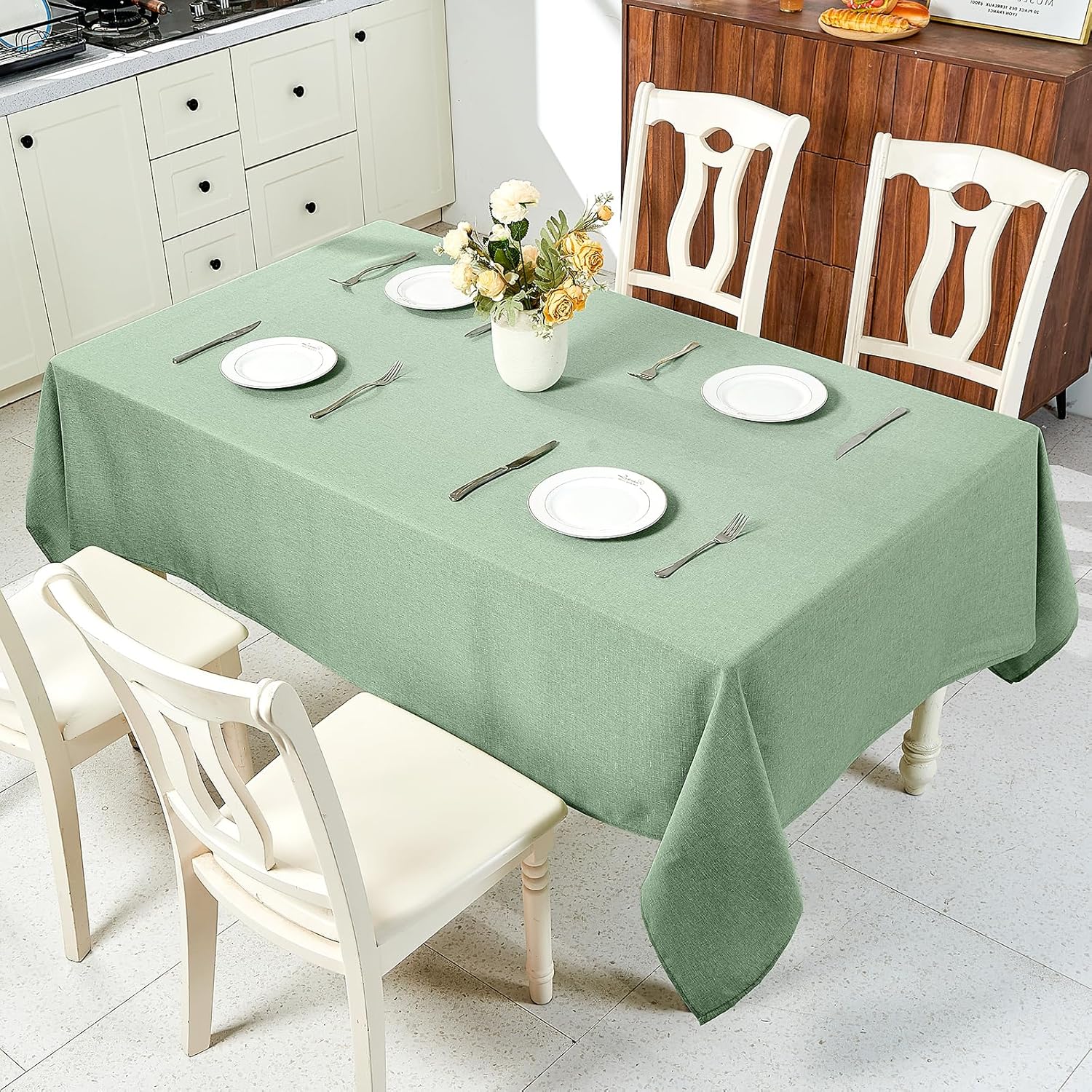 IVAPUPU Textured Linen Table Cloth for Rectangle Tables - Sage Green Tablecloths Rectangular Waterproof Wrinkle Free Wipeable Dining Table Cover for Spring Wedding Birthday Kitchen Decor, 52 x 70 Inch - Image 9
