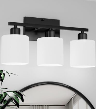 Black Bathroom Light Fixtures Over Mirror, Rustproof Vanity Lights for Bathroom, Modern 3-Light Wall Sconces for Living Room, Milky White Glass Shades, Standard E26 Base, Bulbs Not Included