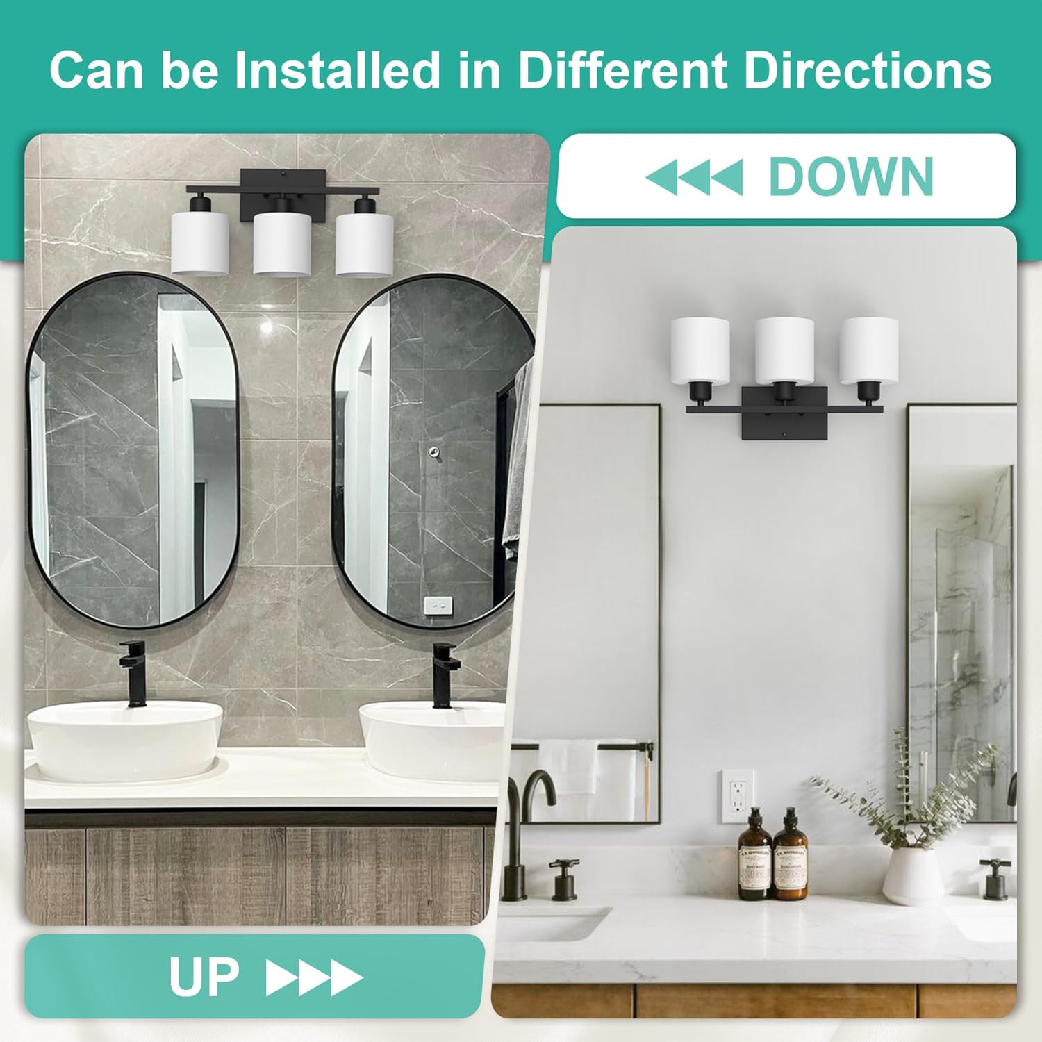 Black Bathroom Light Fixtures Over Mirror, Rustproof Vanity Lights for Bathroom, Modern 3-Light Wall Sconces for Living Room, Milky White Glass Shades, Standard E26 Base, Bulbs Not Included - Image 4